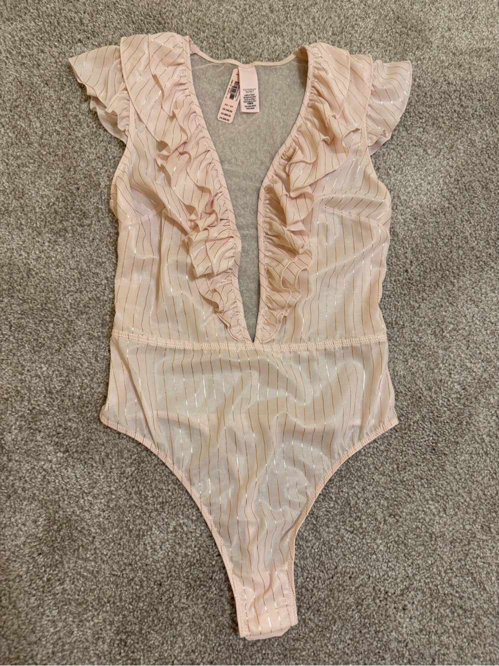Victoria's Secret Blush Pink Ruffle Plunge Bodysuit with Gold Stripe Detail